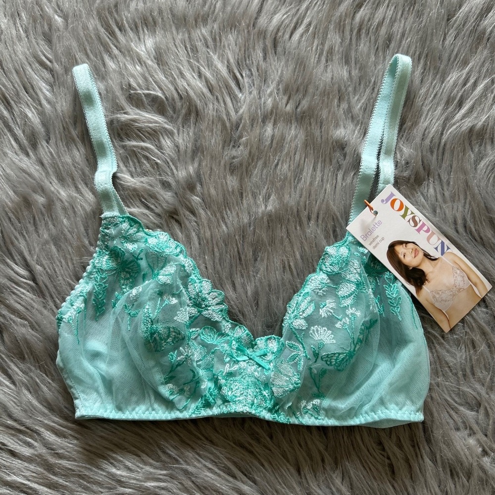 Joyspun Wireless Bralette Womens Size XS Blue Floral Lace Sheer Mesh Unlined Bra